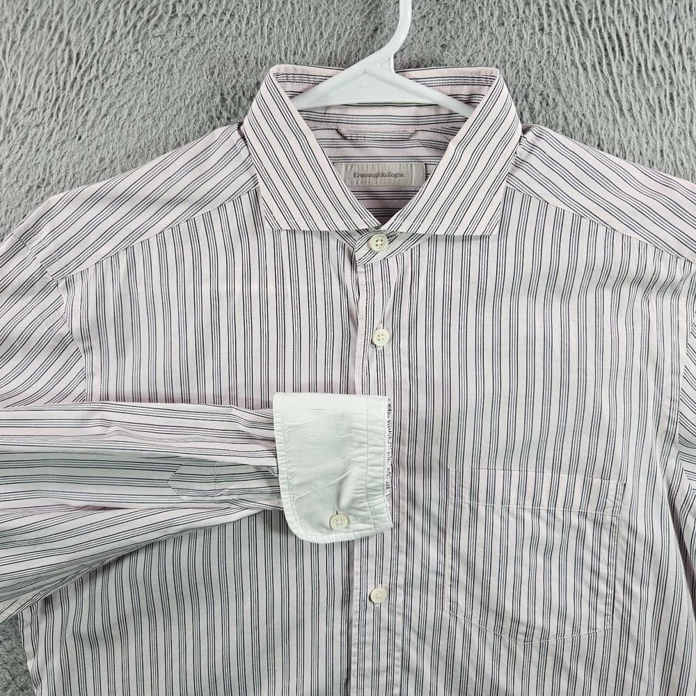 Ermenegildo Zegna Dress Shirt Men Medium Flip Cuff Button Up Pink Striped